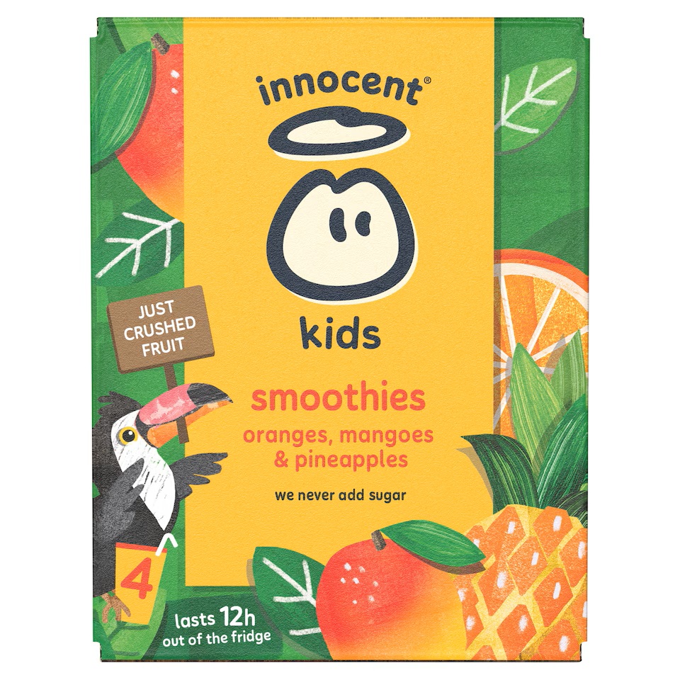 Illustration of Innocent kids smoothies packaging featuring oranges, mangoes, and pineapples.