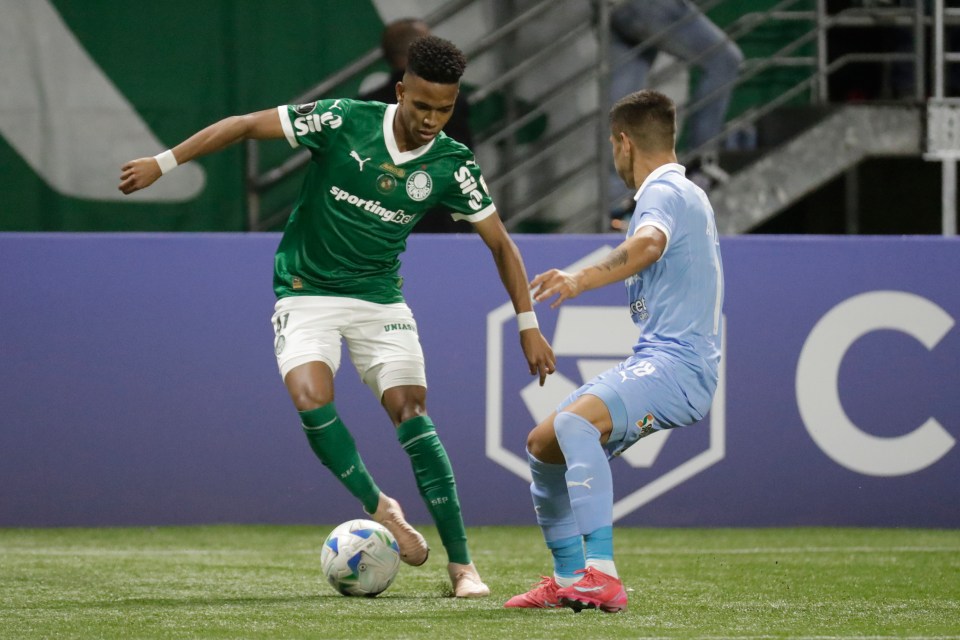 Soccer player in green vying for the ball with a player in light blue.
