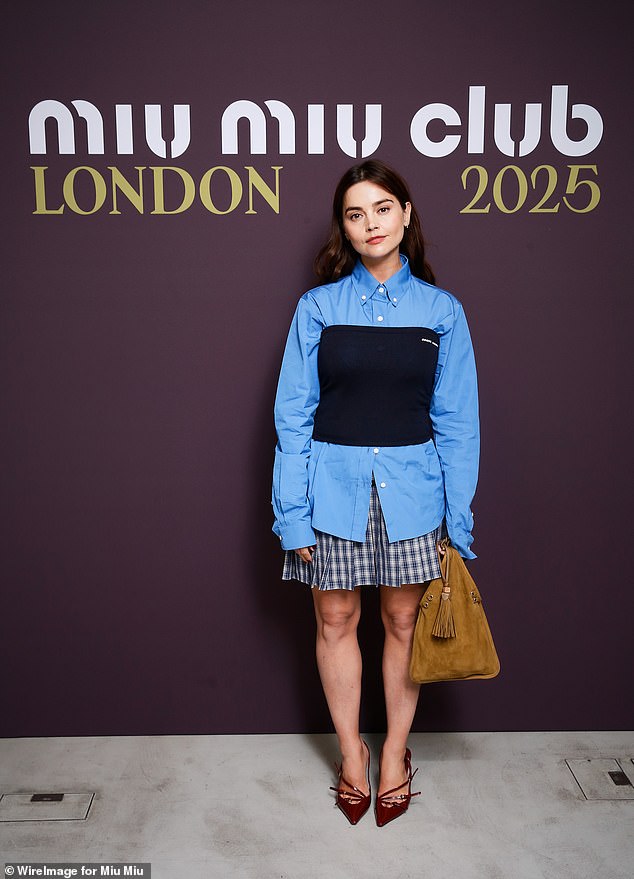 Jenna Coleman, 39, looked incredible in a blue shirt and checkered mini skirt, completed with burgundy heels and a brown handbag