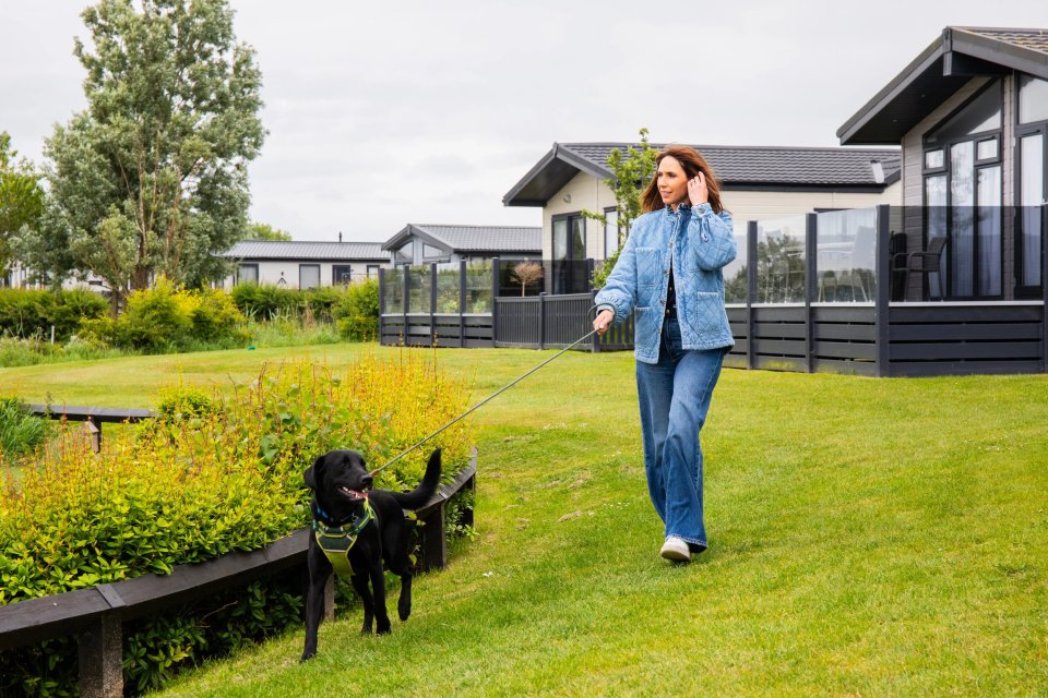 Woman walking a black Labrador on a leash in front of houses.
