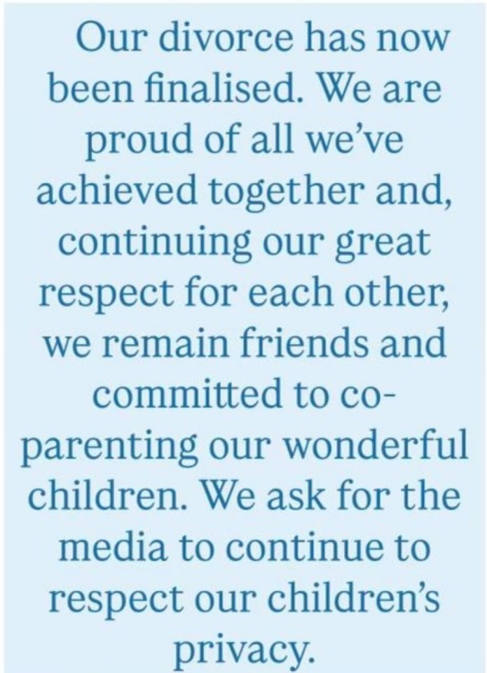 Statement regarding finalized divorce and co-parenting.