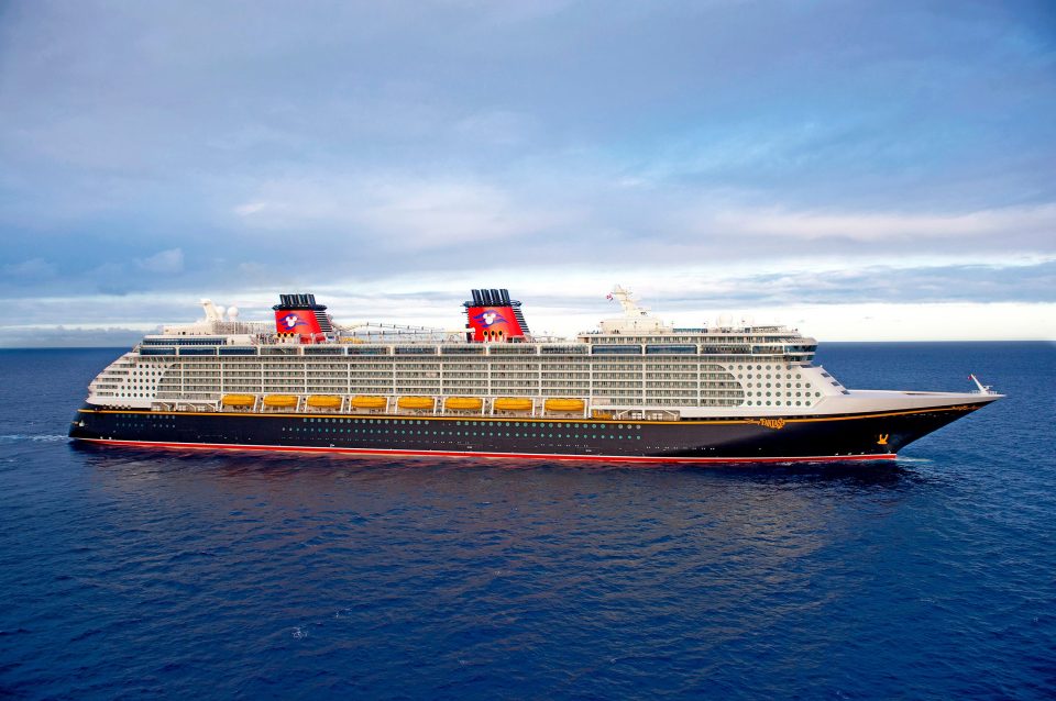 The Disney Fantasy cruise ship at sea.