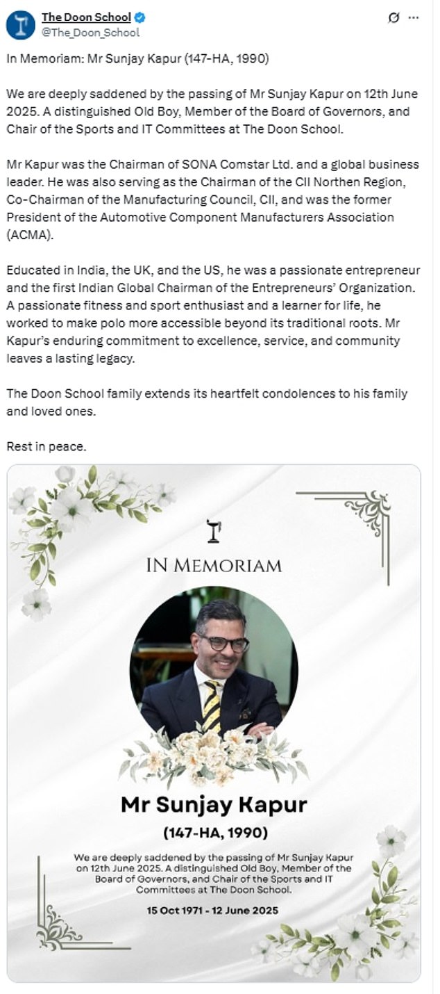 Sunjay Kapur had posted a message in honour of the Air India plane crash victims not long before he died, and tributes to him have since been shared online