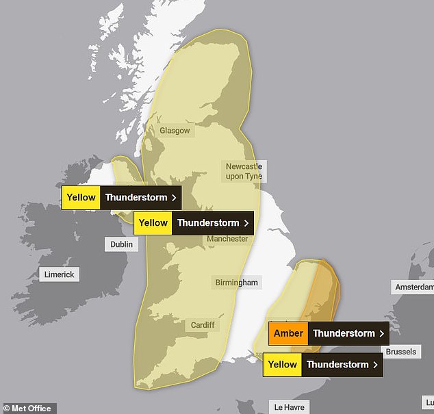 Weather warnings for thunderstorms on Saturday are widespread across the United Kingdom