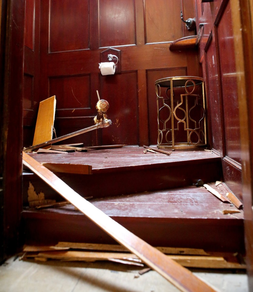 Damage to the restroom where a gold toilet was stolen from Blenheim Palace.
