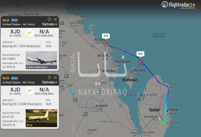 Flightradar24 map showing two US RC-135V Rivet Joint aircraft flight paths over the Gulf.
