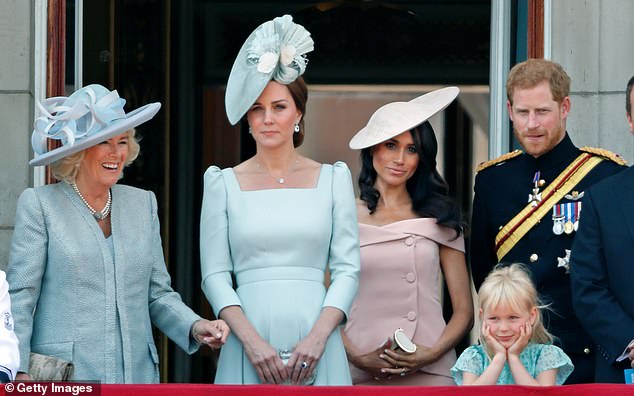 Camilla, Kate, Meghan, Harry and Isla Phillips on the balcony of Buckingham Palace during Trooping the Colour 2018