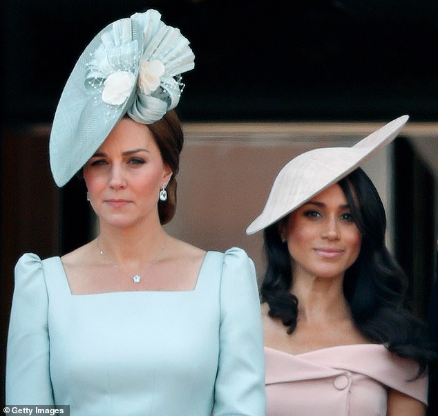 Kate, who unlike Meghan has attended Trooping the Colour ever since her first appearance in 2011, stood in front of the new Duchess