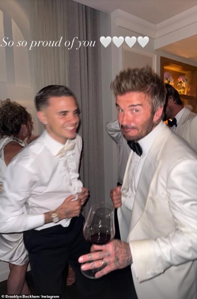 While Romeo (pictured) shared a tribute to congratulate the former footballer, aspiring chef Brooklyn uploaded a photo of food to his Instagram Story