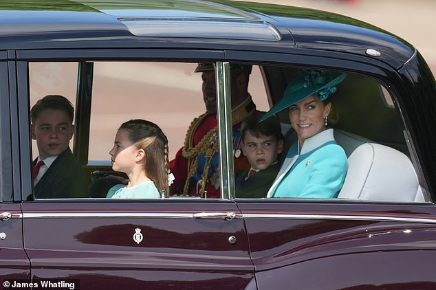 Kate, 43, beamed as she arrived for the King's birthday festivities on Saturday, riding in a car alongside her children, Prince George, Princess Charlotte and Prince Louis , for the traditional procession through London
