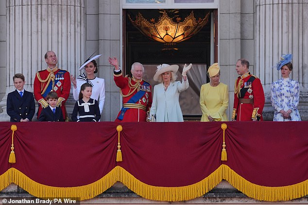The King and Queen Camilla will lead senior royals in making an appearance on the Palace balcony in front of adoring crowds who will be packed down The Mall. Above: Last year