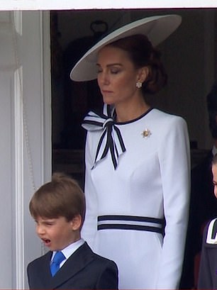 The Prince and Princess of Wales ' youngest child, was also captured yawning at the event, which usually consists of more than 1,400 parading soldiers, 200 horses, 400 musicians and a flyover of 70 aircraft