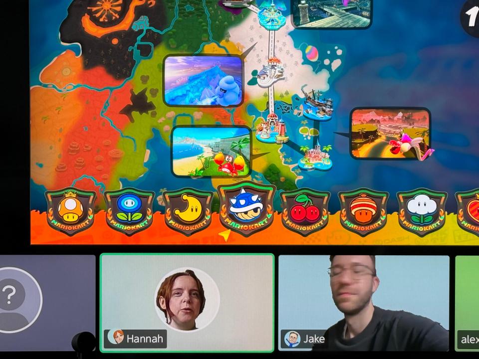 Screenshot of a Mario Kart 8 Deluxe map with video call windows of Hannah, Jake, and Alex.