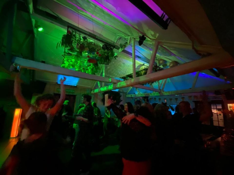 Crowded nightclub scene with green and purple lighting.