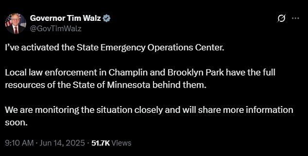 Governor Tim Walz addressed the situation on social media, saying he had been briefed and that the Minnesota Department of Public Safety