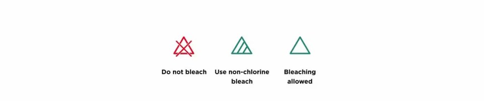 Illustration of bleaching instructions: do not bleach, use non-chlorine bleach, bleaching allowed.
