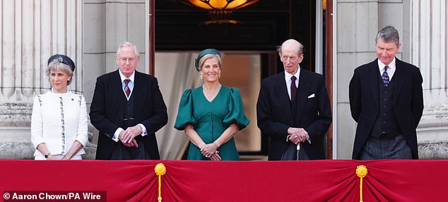 The Duke and Duchess of Gloucester, the Duchess of Edinburgh, the Duke of Kent and Vice Admiral Sir Timothy Laurence on the balcony of Buckingham Palace