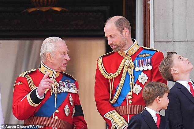 King Charles and Prince William, father and son, speaking on the palace balcony as they prepare to watch the flypast