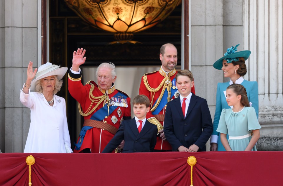 King Charles III, Queen Camilla, Prince William, Catherine, Princess of Wales, and their children on the Buckingham Palace balcony.