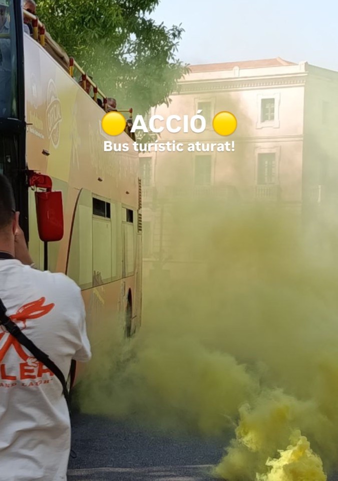 Protestors blocking a tourist bus with yellow smoke.