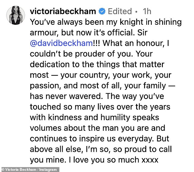Congratulating her husband, Victoria shared a loved-up photo to Instagram and wrote: 'You¿ve always been my knight in shining armour, but now it¿s official. Sir David!!!'