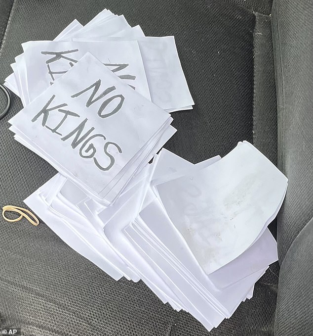 Authorities shared an image on social media showing flyers for the 'NO KINGS' rallies planned to coincide with Donald Trump's birthday parade, which they said they found in a vehicle believed to be linked to the shootings
