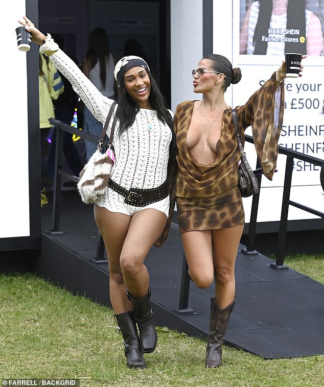 Matilda was spotted sharing a giggle with fellow Love Islander Jess Leigh Anne but her very busty chest came dangerously close to spilling out of her min dress as she playfully posed for the camera