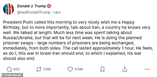 President Donald Trump said Russian President Vladimir Putin wanted to talk about Iran - he said that he pushed Putin to end 'his war' as well