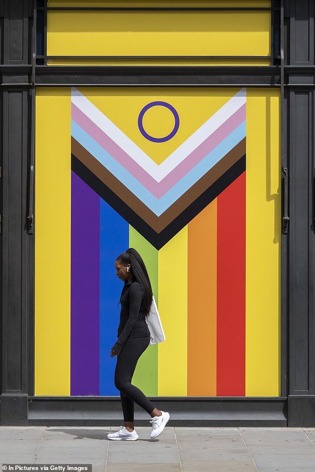 The Progress Pride flag is an amended version including black, brown, pink, pale blue and white stripes to represent people of colour within the LGBTQ+ community, the trans community and those living with HIV/AIDS