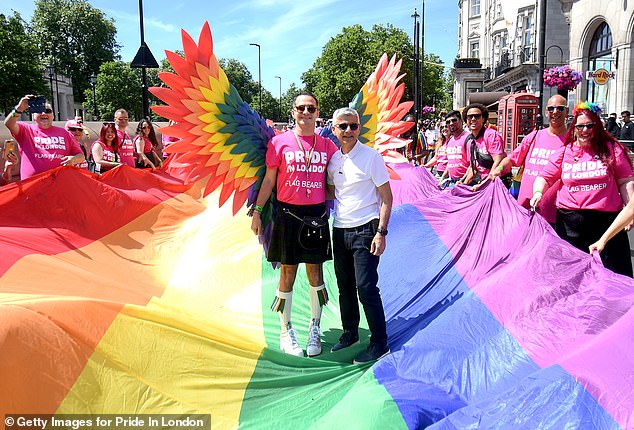 Sadiq Khan (right) with parade-goers during Pride In London 2024 on June 29, 2024
