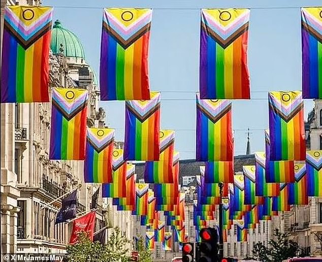 Progress Pride Flags decorate Regent Street for Pride 2024, as captured by James May