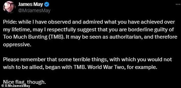 James May's post has received criticism from Pride-goers and supporters