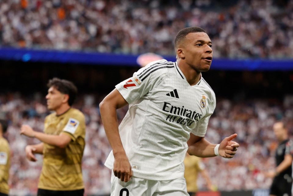 epa12131359 Real Madrid's French forward Kylian Mbappe celebrates after scoring the 2-0 during the LaLiga match between Real Madrid and Real Sociedad at the Santiago Bernabeu Stadium in the Spanish Capital, 24 May 2025. EPA/Daniel Gonzalez
