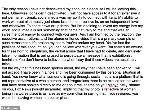 In response, Moriarty penned a lengthy statement while also announcing that she would be taking taking an 'extensive, if not permanent' break from Instagram