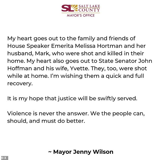 Salt Lake County, Utah Mayor Jenny Wilson also expressed her heartbreak over the four victims of the shootings