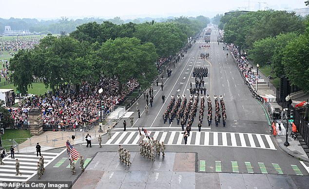 Troops march as part of the 250th anniversary parade for the U.S. Army, which coincided with President Donald Trump's 79th birthday