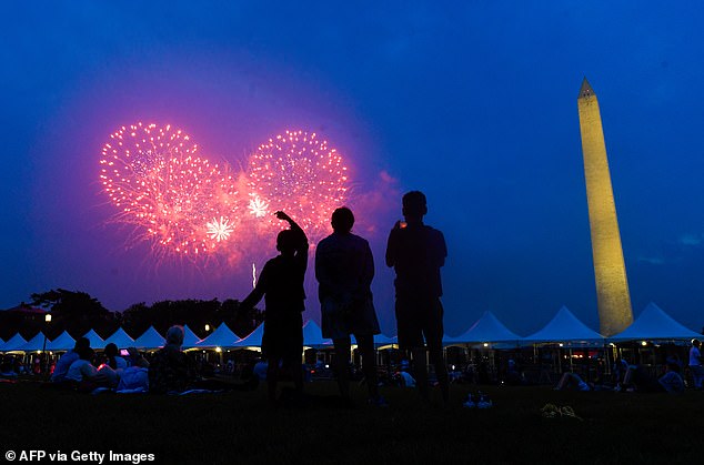 Spectators on the National Mall watch the fireworks display that concluded a day's worth of events Saturday to mark the Army's 250th anniversary