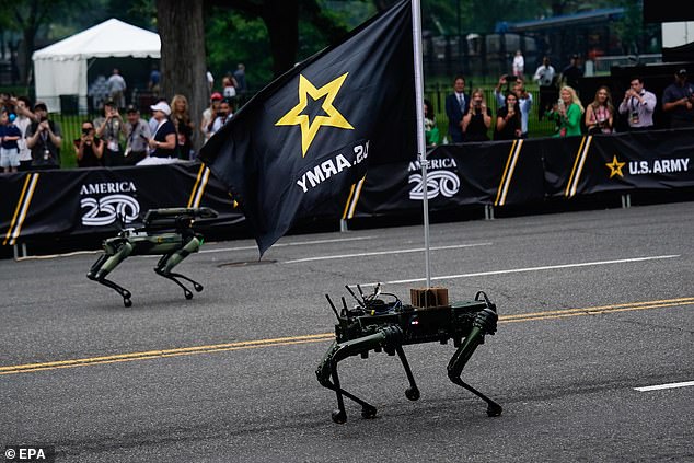 A so-called 'robot dog' makes its way down Constitution Avenue near the conclusion of the parade marking the Army's 250th birthday. A number of spectators commented that they found the androids scary