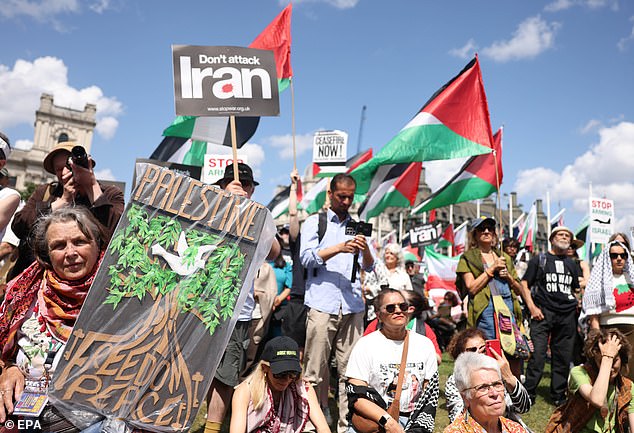The warning came as pro-Palestine protesters marched through London yesterday, chanting ¿stop bombing Iran¿