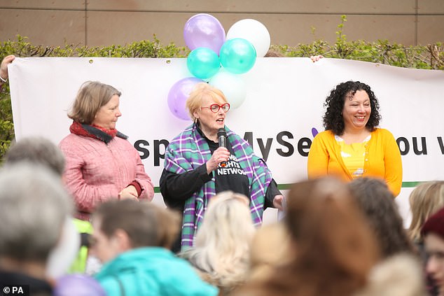 Robin Moira White, a trans barrister who is a biological male, was challenged outside the facilities by women's rights campaigners, Kate Harris and Heather Binning (centre, with Caroline Ffiske, left, and Maya Forstater, right, launching the 'Respect my sex if you want my X' campaign in 2022)