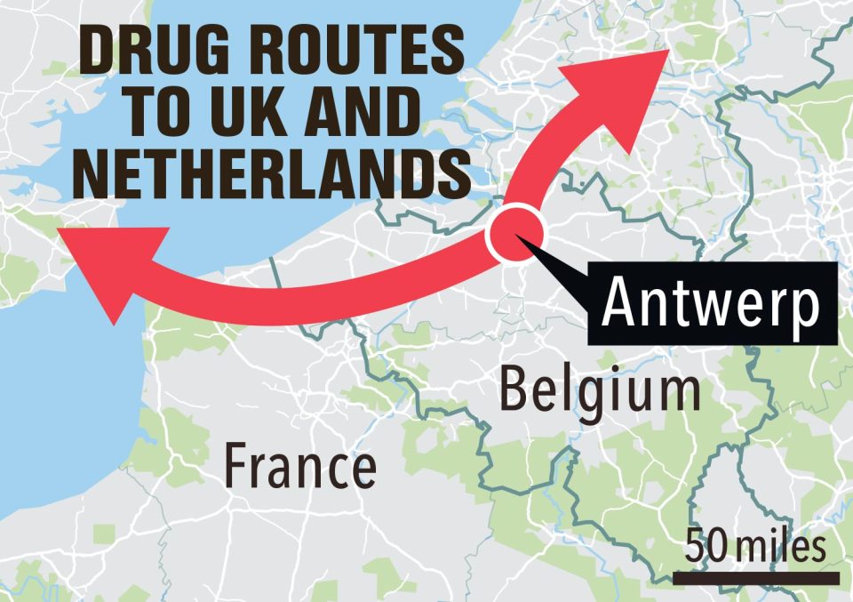 Illustration of drug routes from Antwerp, Belgium to the UK and Netherlands.