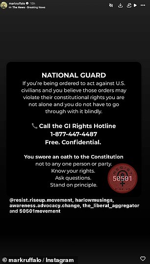 Actor Mark Ruffalo put up a post encoruaging National Guard members to question authority if they felt they were being ordered to violate the U.S. Consitituion