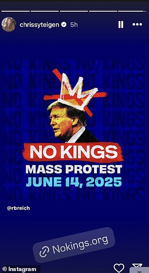 Teigen also linked to advertisement for an event called the No Kings mass protest on June 14 along with a link provided by organizers