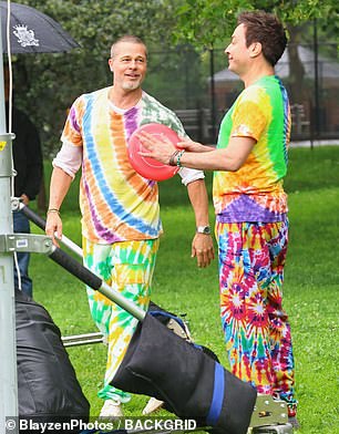 The two stars were spotted holding frisbees while on set of the shoot at Riverside Park