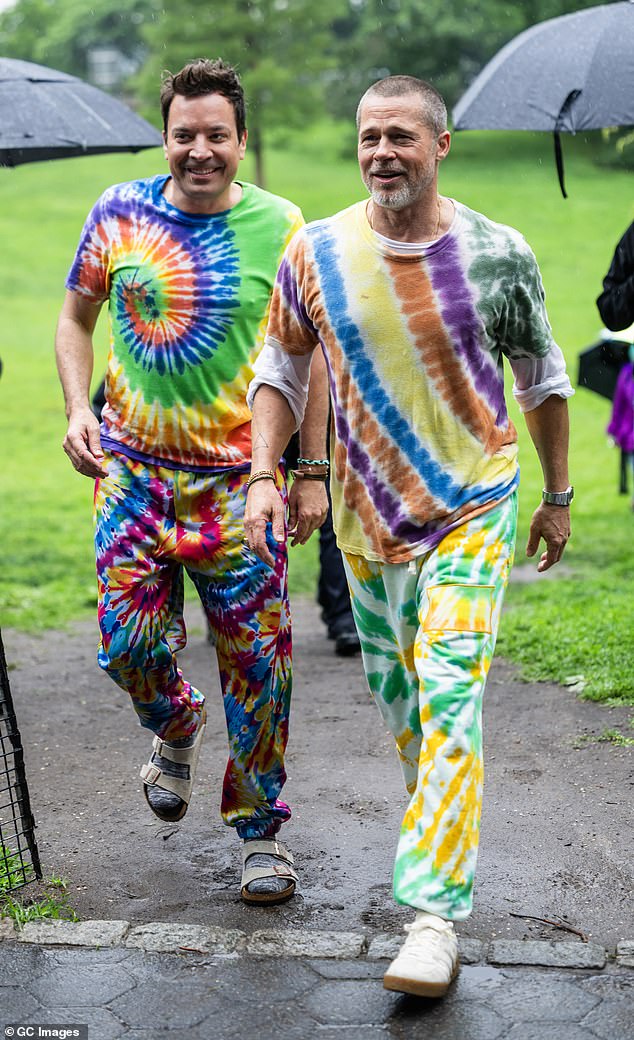 Pitt was joined by Jimmy Fallon, who also wore a full tie-dyed getup