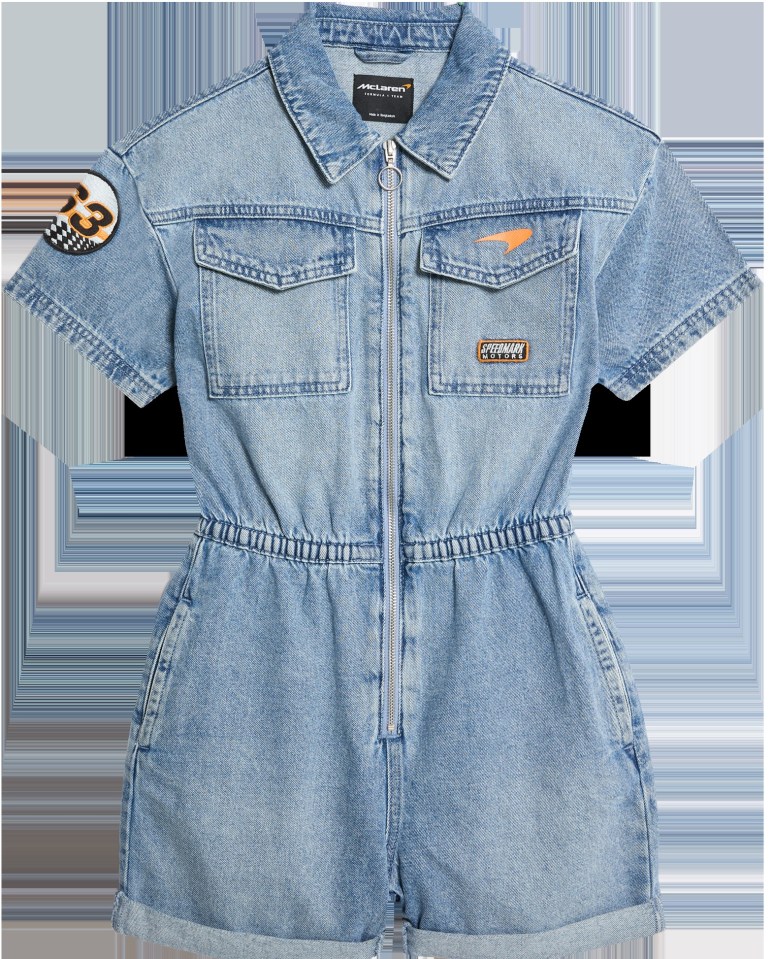 Light blue denim jumpsuit with McLaren Formula 1 team patches.