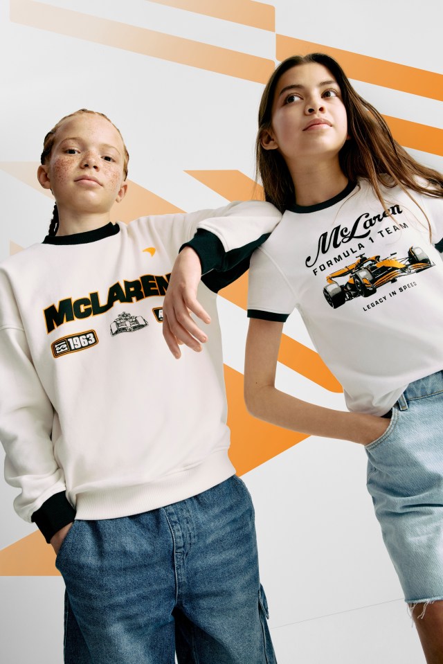 Two children modeling McLaren Formula 1 team apparel.