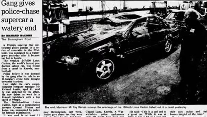Newspaper clipping showing a damaged supercar pulled from a canal.