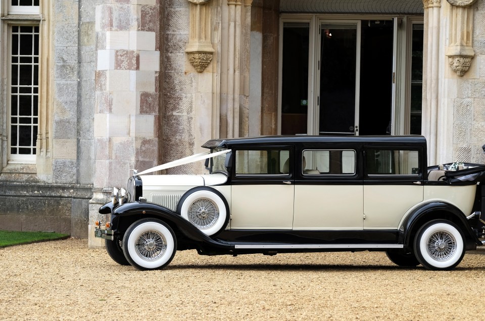 Classic wedding car parked outside a building.