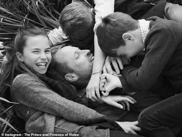 Sharing their love, Prince George, 11, Princess Charlotte , 10, and Prince Louis , seven, cuddled up to their dad as they posed for photos with Prince William to commemorate the special celebration